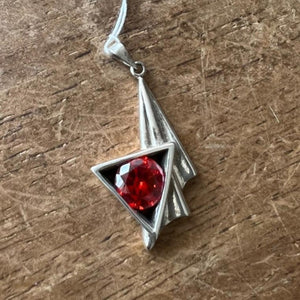 Long Asymmetric round red CZ in Triangle Pendant - Sterling Silver - BikeRing4u