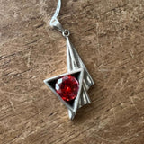 Long Asymmetric round red CZ in Triangle Pendant - Sterling Silver - BikeRing4u