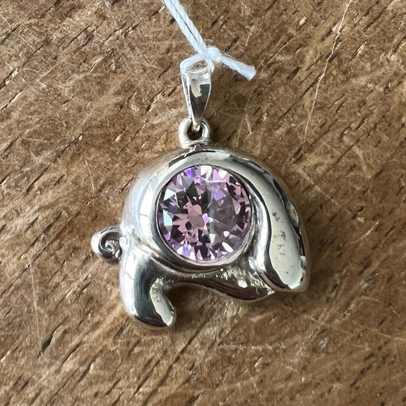 Round Pink CZ in abstract Fish Pendant - Sterling Silver - BikeRing4u