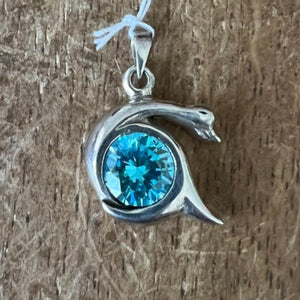 The round blue CZ in the abstract Duck Pendant - Sterling Silver - BikeRing4u