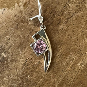 The round Pink CZ in the Square Lion Tooth Pendant - Sterling Silver - BikeRing4u