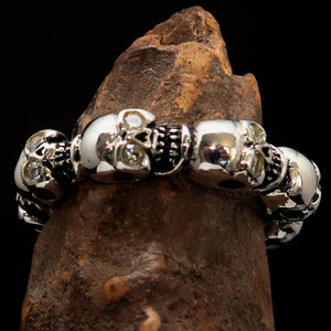 Men's Sterling Silver Band Ring 6 small Skulls with white CZ Eyes - BikeRing4u