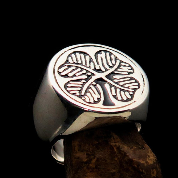 Excellent crafted Men's Signet Ring Four leaved Clover Black - Sterling Silver - BikeRing4u