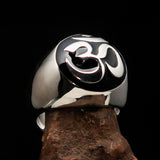 Nicely crafted domed Men's Buddhist Ring Black Aum Symbol - Sterling Silver - BikeRing4u