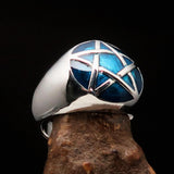 Excellent crafted Men's Pinky Ring domed Blue Pentagram - Sterling Silver - BikeRing4u