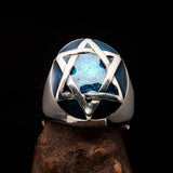 Excellent crafted Men's Hebrew Ring oval Blue Star of David - Sterling Silver - BikeRing4u