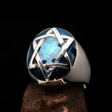 Excellent crafted Men's Hebrew Ring oval Blue Star of David - Sterling Silver - BikeRing4u