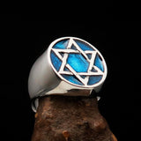 Excellent crafted Men's Pinky Ring Blue Star of David - Sterling Silver - BikeRing4u