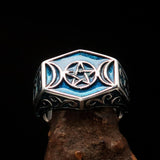 Men's Sterling Silver Ring Blue Crescent Moon Pentagram Star - BikeRing4u