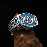 Men's Sterling Silver Ring Blue Crescent Moon Pentagram Star - BikeRing4u