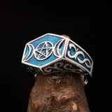 Men's Sterling Silver Ring Blue Crescent Moon Pentagram Star - BikeRing4u