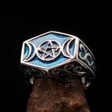 Men's Sterling Silver Ring Blue Crescent Moon Pentagram Star - BikeRing4u