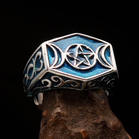 Men's Sterling Silver Ring Blue Crescent Moon Pentagram Star - BikeRing4u