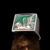Perfectly crafted Men's Ring winged Lion of Venice Green - Sterling Silver - BikeRing4u
