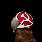 Excellent crafted Men's Socialist Ring red Hammer Sickle - Sterling Silver - BikeRing4u