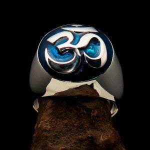 Nicely crafted domed Men's Buddhist Ring Blue Aum Symbol - Sterling Silver - BikeRing4u