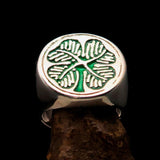 Excellent crafted Men's Signet Ring Four leaved Clover Green - Sterling Silver - BikeRing4u