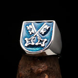 Perfectly crafted Men's Shield Ring Crossed blue Skeleton Keys - Sterling Silver - BikeRing4u