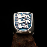 Perfectly crafted Men's Shield Ring Blue 3 Lions Coat of Arms - Sterling Silver - BikeRing4u
