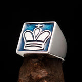 Perfectly crafted Men's Chess Player Ring King's Crown Blue - Sterling Silver - BikeRing4u