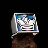 Perfectly crafted Men's Chess Player Ring King's Crown Blue - Sterling Silver - BikeRing4u