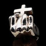 Excellent crafted Sterling Silver Atheist Ring Fist Middle Finger Cross - BikeRing4u