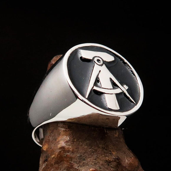 Perfectly crafted Men's GDR Socialist Ring Hammer Compasses Black - Sterling Silver - BikeRing4u