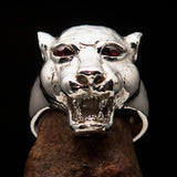 Excellent crafted Sterling Silver Men's Animal Ring Cougar red CZ Eyes - BikeRing4u
