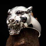 Excellent crafted Sterling Silver Men's Animal Ring Cougar red CZ Eyes - BikeRing4u