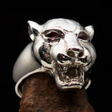 Excellent crafted Sterling Silver Men's Animal Ring Cougar red CZ Eyes - BikeRing4u