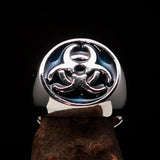 Nicely crafted Men's Biohazard Ring Blue Toxic Waste Symbol - Sterling Silver - BikeRing4u
