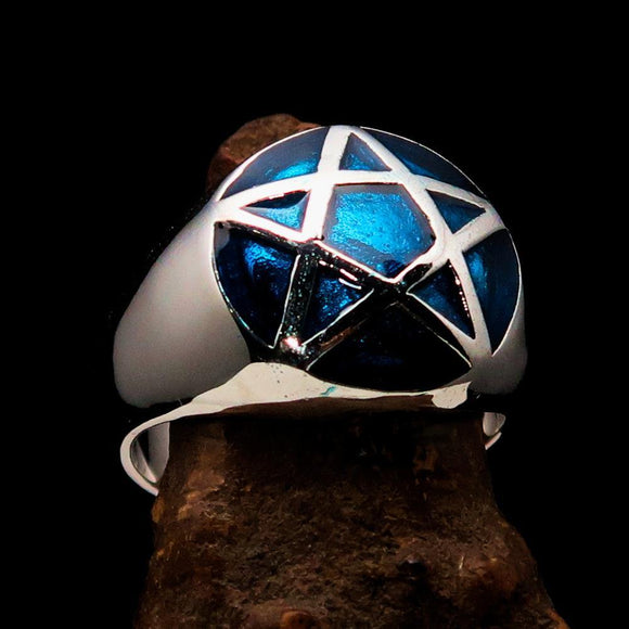 Perfectly domed Men's Solid Line Pentagram Ring Blue - Sterling Silver - BikeRing4u