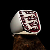 Perfectly crafted Men's Shield Ring Red 3 Lions Coat of Arms - Sterling Silver - BikeRing4u