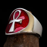 Excellent crafted Men's big red Egyptian Ankh Cross Ring - Sterling Silver - BikeRing4u