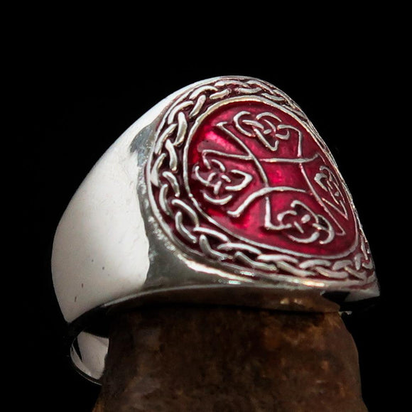 Excellent crafted ancient red Celtic Birgit's Cross Men's Ring - Sterling Silver - BikeRing4u