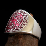 Excellent crafted ancient red Celtic Birgit's Cross Men's Ring - Sterling Silver - BikeRing4u