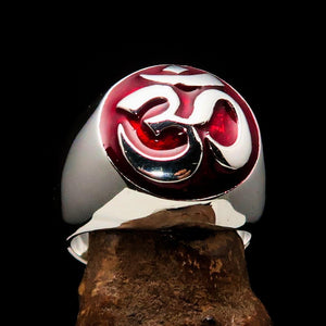 Nicely crafted domed Men's Buddhist Ring red Aum Symbol - Sterling Silver - BikeRing4u