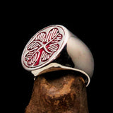 Excellent crafted Men's Signet Ring Four leaved Clover red  - Sterling Silver - BikeRing4u