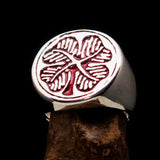 Excellent crafted Men's Signet Ring Four leaved Clover red  - Sterling Silver - BikeRing4u