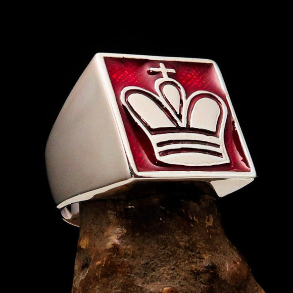 Perfectly crafted Men's Chess Player Ring King's Crown Red - Sterling Silver - BikeRing4u