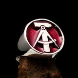 Perfectly crafted Men's GDR Socialist Ring Hammer Compasses red - Sterling Silver - BikeRing4u