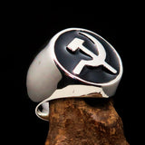 Excellent crafted Men's Socialist Ring Hammer Sickle Black - Sterling Silver - BikeRing4u