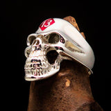 Excellent crafted Men's Biker Skull Ring Red Diamond Lucky 13 - Sterling Silver - BikeRing4u