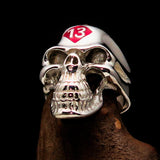 Excellent crafted Men's Biker Skull Ring Red Diamond Lucky 13 - Sterling Silver - BikeRing4u