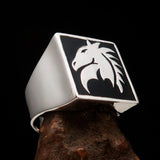 Excellent crafted Men's Chess Ring Horse Head Black - Sterling Silver - BikeRing4u