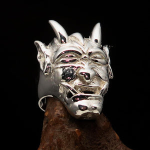 Excellent crafted Men's horned Devil Ring - Mirror Polished Sterling Silver - BikeRing4u