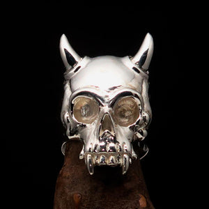 Excellent crafted Men's Biker Ring horned Devil Skull - Mirror Polished Sterling Silver - BikeRing4u