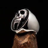 Excellent crafted oval Men's antiqued Vampire Skull Ring - Sterling Silver - BikeRing4u
