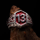 Excellent crafted Men's Biker Ring red Number 13 - Sterling Silver 925 - BikeRing4u