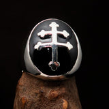 Excellent crafted oval domed Men's black Cross Lorraine Ring - Sterling Silver - BikeRing4u